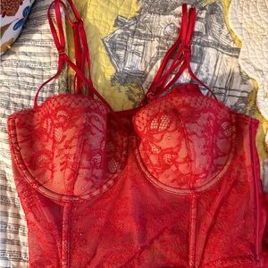 Victoria's Secret Red Lace Full Long Line Balconette-Corset Zipper NWOT
